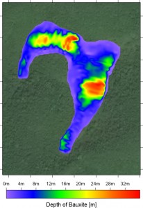 Example of karstic bauxite pit model based on UltraGPR data showing thickness of bauxite